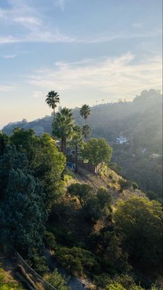 the sun shines on trees and hills in the distance, as seen from above