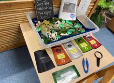 a table topped with lots of different items on top of a blue carpeted floor