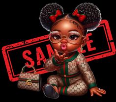 a digital painting of a baby girl wearing glasses and holding a gucci bag with the word sale printed on it