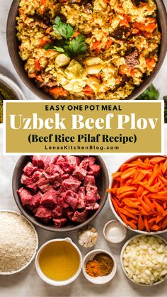 the ingredients for this meal include beef, rice and carrots in bowls with text overlay