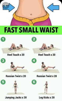 a woman doing exercises for her stomach with the words fast small waist on top of it