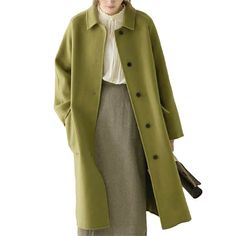 Avocado Green Wool Coat for Women Bookstore Girl Aesthetic (1) Avocado Green Outfit, Light Green Coat Outfit, Bookstore Girl Aesthetic, Green Peacoat, Green Wool Coat, Earthy Elegance, Green Trench Coat, Thrift Inspo, Classic Leather Jacket