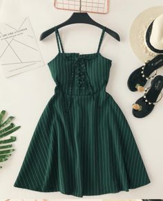 Classic Striped Sling Dress Lacing Up on Luulla Green Casual Mini Dress With Tie Straps, Casual Green Mini Dress With Tie Straps, Fitted Green Suspender Dress For Summer, Green Mini Length Suspender Dress For Summer, Green Sleeveless Summer Suspender Dress, Green Suspender Sundress For Vacation, Casual Green Sleeveless Suspender Dress, Green Suspender Dress With Spaghetti Straps For Spring, Green Midi Sundress With Tie Straps