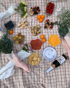 an assortment of food is laid out on a picnic blanket with wine, cheese and crackers