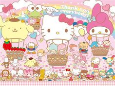 an image of hello kitty birthday card with many different animals and food items on it