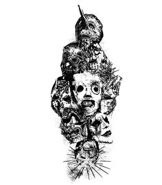 a black and white drawing of a woman's head with many things on it