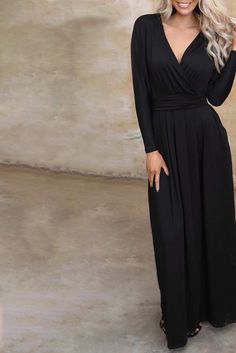 Black Wrap V Neck Dolman Sleeve Pleated Maxi Dress Black Maxi Dress For Evening, Black V-neck Maxi Dress For Work, Chic Black Solid Color Maxi Dress, Black Solid Color Maxi Dress For Night Out, Black Solid Color Maxi Dress For Fall, Black Solid Maxi Dress For Workwear, Chic Black Maxi Dress With Surplice Neckline, Chic Black Maxi Dress For Fall, Black Maxi Dress With Surplice Neckline For Fall