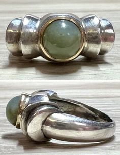 Vintage Designer Hallmarked Sterling Silver & Gold Bezel Set Jade Ring, Size 6  | eBay Modernist Formal Cabochon Rings, Modernist Green Rings For Anniversary, Green Modernist Rings For Anniversary, Modernist Round Cabochon Jewelry, Formal Emerald Ring With Stone Setting, Fine Jewelry Silver Gemstones With Bezel Setting, Modernist Green Ring For Formal Occasions, Vintage Round Cabochon Gemstones, Modernist Hallmarked Oval Jewelry