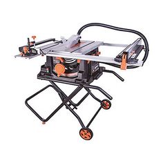 a table saw is sitting on top of a cart with wheels and an extension handle