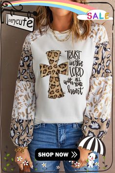 Beige Trust In The Lord Leopard Bishop Sleeve Pullover Beige Graphic Print Top For Winter, Beige Graphic Print Sweater For Fall, Beige Long Sleeve Top With Letter Print, Fall Cream Graphic Print Tops, Beige Graphic Print Sweatshirt For Fall, Beige Long Sleeve Tops With Graphic Print, Fall Beige Graphic Print Sweatshirt, Fall Graphic Print Beige Sweatshirt, Pullover Women