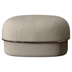 a round ottoman with pleated fabric on the top and bottom, it is beige