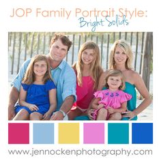 a family posing for a photo with the color scheme in blue, pink and yellow