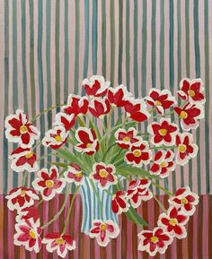 a painting of red and white flowers in a vase on a striped tablecloth background