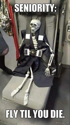 a skeleton sitting in a chair with the caption, i'm not going to send my seniority fly til you die