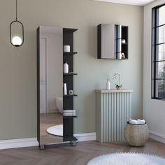 a bathroom with a sink, mirror and shelf in it's corner next to a window