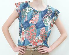 favorite find beautiful vintage patchwork print floral top. measurements: 38" bust  /  35" waist  /  20" length /  2.5" sleeve all measurements are taken flat. bust, waist + hip measurements are doubled. tag size: none fits like: s / m brand: shirts by cracker circa: 1970s color: blue / pink / multi fabric: unknown, feels like polyester condition: good / light wear throughout   every vintage piece we stock has been pre-loved + chosen for its unique qualities.  fading and wear + tear are a part o Cheap Patchwork Patterned Blouse, Cheap Collared Blouse With Patchwork, 70s Boho, Boho Hippie, Floral Vintage, Style Expert, Printed Blouse, Floral Tops, Hippie Boho