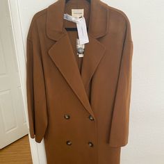 Loulou Studio Wool/ Cashmere Blend Double- Breasted Long Coat In Carmel; Size M( 48” B), Relaxed Fit, 48” In Total Length, Side Pockets, One Center Vent Back. Nwt Brown Wool Coat With Lapel Collar For Spring, Brown Wool Coat With Double Button Closure, Spring Wool Outerwear In Brown, Brown Pea Coat For Workwear In Fall, Brown Pea Coat For Fall Workwear, Brown Fall Pea Coat For Work, Brown Fall Pea Coat For Workwear, Brown Long Sleeve Pea Coat For Work, Oversized Brown Pea Coat For Work