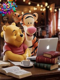 winnie the pooh and tigger sitting in front of a laptop on a desk