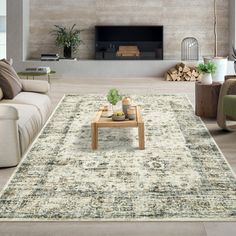 a living room filled with furniture and a large rug on the floor in front of a fire place