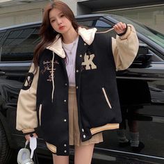 Outfits With Baseball Jacket, Baseball Jacket Outfit Aesthetic, Baseball Jacket Outfit Street Style, Baseball Jacket Outfit Women, Big Jacket Outfits, Jacket Design Ideas, Korean Fashion Jacket, Aesthetic Jackets, Aesthetic Jacket