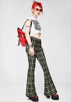 "These super retro Yellow Plaid Highwaist Flare Pants have that vintage retro look of the 70s. Just enough of a Bell Bottom to have the retro look, but still able to move around easily. Perfect for the Fall and Holiday Season! Pair it with our Black Crushed Velvet Cropped Mock Turtleneck and go to a Holiday party... Made from 4-way stretch printed lycra blend. The pants are HIGH-WAISTED. The rise is approx 12\". The inseam is 34.75\", they are cut a little longer to wear with heels. All tops sol Retro Stretch Pants For Streetwear, Retro High Waist Pants For Streetwear, Retro Wide Leg Bottoms, Retro High Waist Yellow Bottoms, Retro High-waist Yellow Bottoms, Plaid Flare Pants, Bell Bottoms Outfit, High Waisted Flare Pants, Fall Clothing