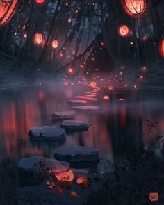 lanterns floating in the air over water at night with trees and rocks around them, all lit up