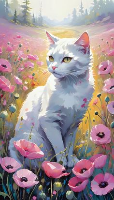 a painting of a white cat sitting in the middle of a field with pink flowers