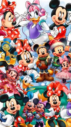 many different cartoon characters are grouped together in this photo, including mickey mouse and other disney characters