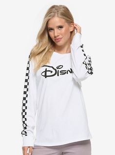 Our Universe Disney Checkered Long-Sleeve T-Shirt, MULTI Bobs Burgers Tina, Disney Logo, Our Universe, Her Universe, Women's Tie, T Shirt Image, Woven Top, Checkered Pattern, Women Long Sleeve