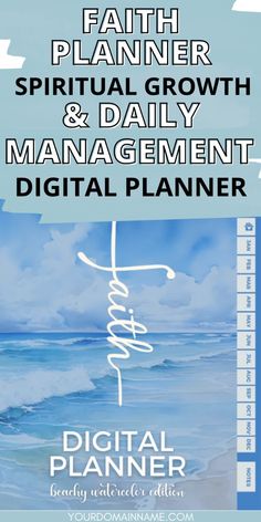 the front cover of a digital planner, with an ocean scene and clouds in the background