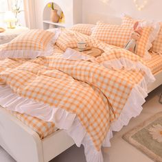 Ihomed Kawaii Rainbow Bedding Set Cotton Twin Full Queen Size Strawberry Flower Hearts Cute Fitted Bed Sheet Pillowcases Duvet Cover Vibrant Bedding, Single Bedding Sets, Orange Duvet Covers, Rainbow Bedding, Room Maker, Kawaii Rainbow, Bedding Cover, Plaid Bedding, Orange Bedding