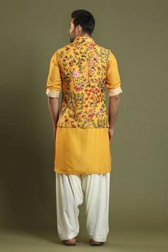 Shop for Kora By Nilesh Mitesh Yellow Silk Blend Printed Bundi And Kurta Set for Men Online at Aza Fashions Pleated Salwar, Kurta Set For Men, Marigold Yellow, Yellow Silk, Nehru Jackets, Bird Print, Fabric Silk, Kurta Set, Bird Prints