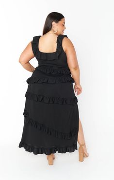 Chic Black Maxi Dress With Ruffled Straps, Black Maxi Dress With Ruffled Design For Summer, Black Maxi Dress With Ruffled Straps For Summer, Black Maxi Dress With Ruffled Straps For Spring, Black Midi Dress With Ruffled Straps And Details, Black Spring Midi Dress With Ruffled Straps, Black Midi Dress With Ruffled Straps For Spring, Black Midi Dress With Ruffled Straps For Summer, Long Black Dress Plus Size