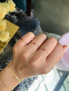 Red Dainty Stackable Rings, Minimalist Red Stackable Rings, Everyday Minimalist Red Rings, Red Minimalist Stackable Jewelry, Dainty Red Everyday Rings, Everyday Red Gemstone Ring, Yi Collection, Simple Ring Design, Shade Of Red