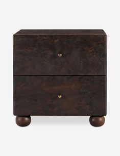 a wooden chest with two drawers on wheels