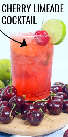 the cherry limeade cocktail is garnished with cherries and lime