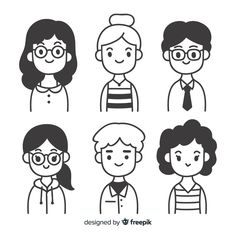 four people avatars with glasses and different hairstyles in black and white colors