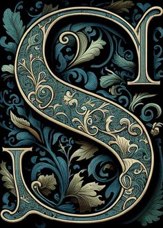 the letter s is decorated with blue and gold flowers, leaves and swirly scrolls