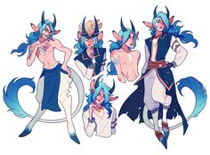 some very cute anime characters with horns on their heads and body, all in different poses