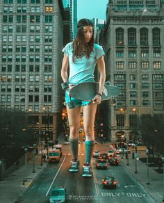 a woman standing on top of a skateboard in the middle of a city street