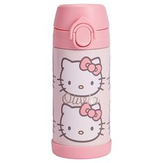 a pink and white hello kitty water bottle