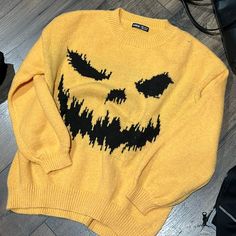 Never Worn. Just Tried On. Color Is More Of A Light Orange/Yellow. Not A True Orange Or Yellow. Size Medium. Really Cute! Oversized. Evil Pumpkin, Shein Sweater, Halloween Goth, Light Orange, Orange Yellow, Scoop Neck, Sweaters For Women, Size Medium, Halloween