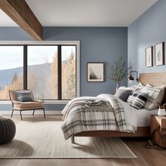 a bedroom with blue walls and wooden furniture in front of a large window that overlooks the mountains