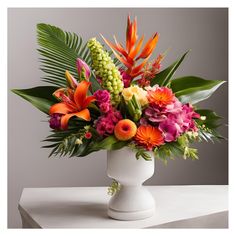 a vase filled with lots of colorful flowers on top of a white table next to a gray wall