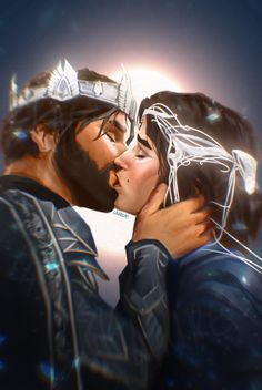 two people that are kissing each other in front of a sunlit sky with their faces close together