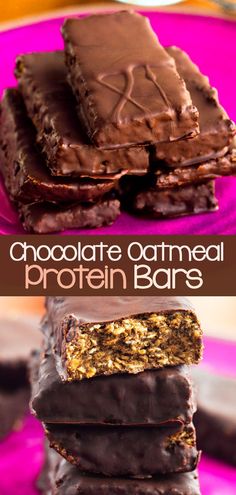 chocolate oatmeal protein bars stacked on top of each other with text overlay