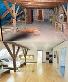 before and after pictures of an unfinished room with wood floors, exposed beams and walls