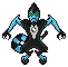 an image of a pixel art character in black and blue with green eyes, standing on one leg