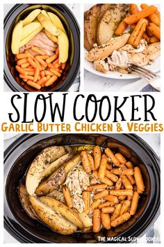 the slow cooker has carrots, chicken and vegetables in it to make this meal