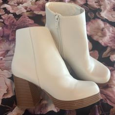 Women's Warrant Platform Dress Booties- White Size 7 Women - Never Worn! Spring Closed Toe Synthetic Heeled Boots, Spring Synthetic Closed Toe Heeled Boots, White Heeled Boots With Round Toe For Spring, Casual White High Heel Boots, Casual White High Heeled Boots, White Ankle-high Platform Boots For Spring, White Block Heel Boots For Spring, Spring White Block Heeled Boots, White Booties With Reinforced Heel For Spring